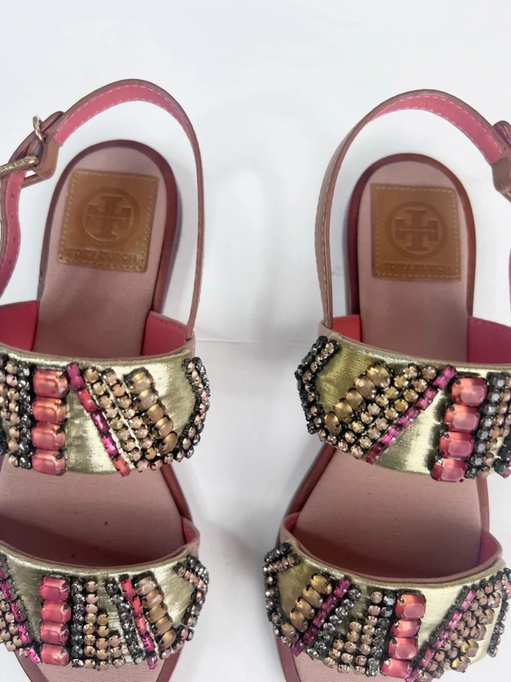 NIB Tory Burch Tanner Jeweled Embellished Metallic Strap Sandals in Pink/Tan